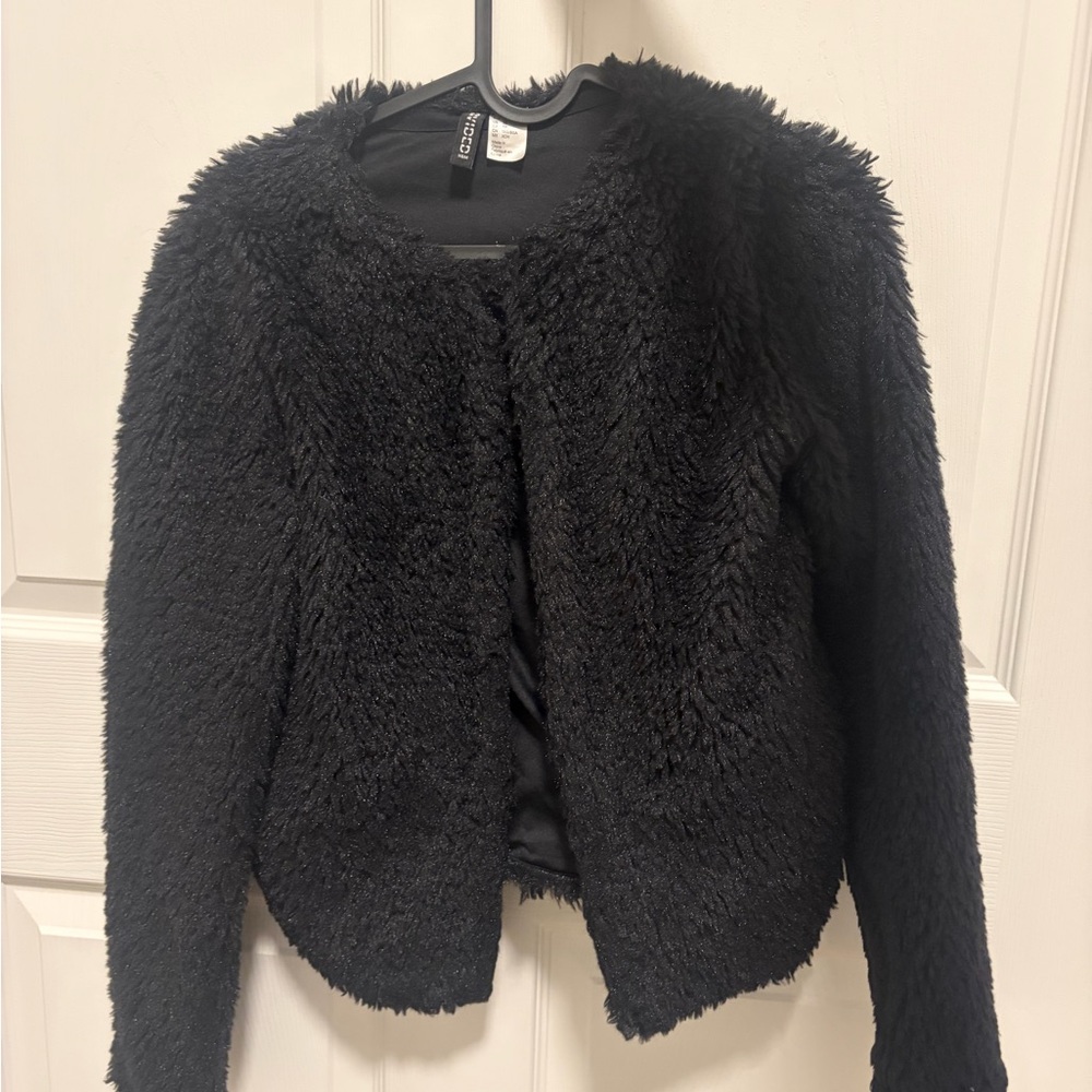 H&M Black Textured Faux Fur Coat